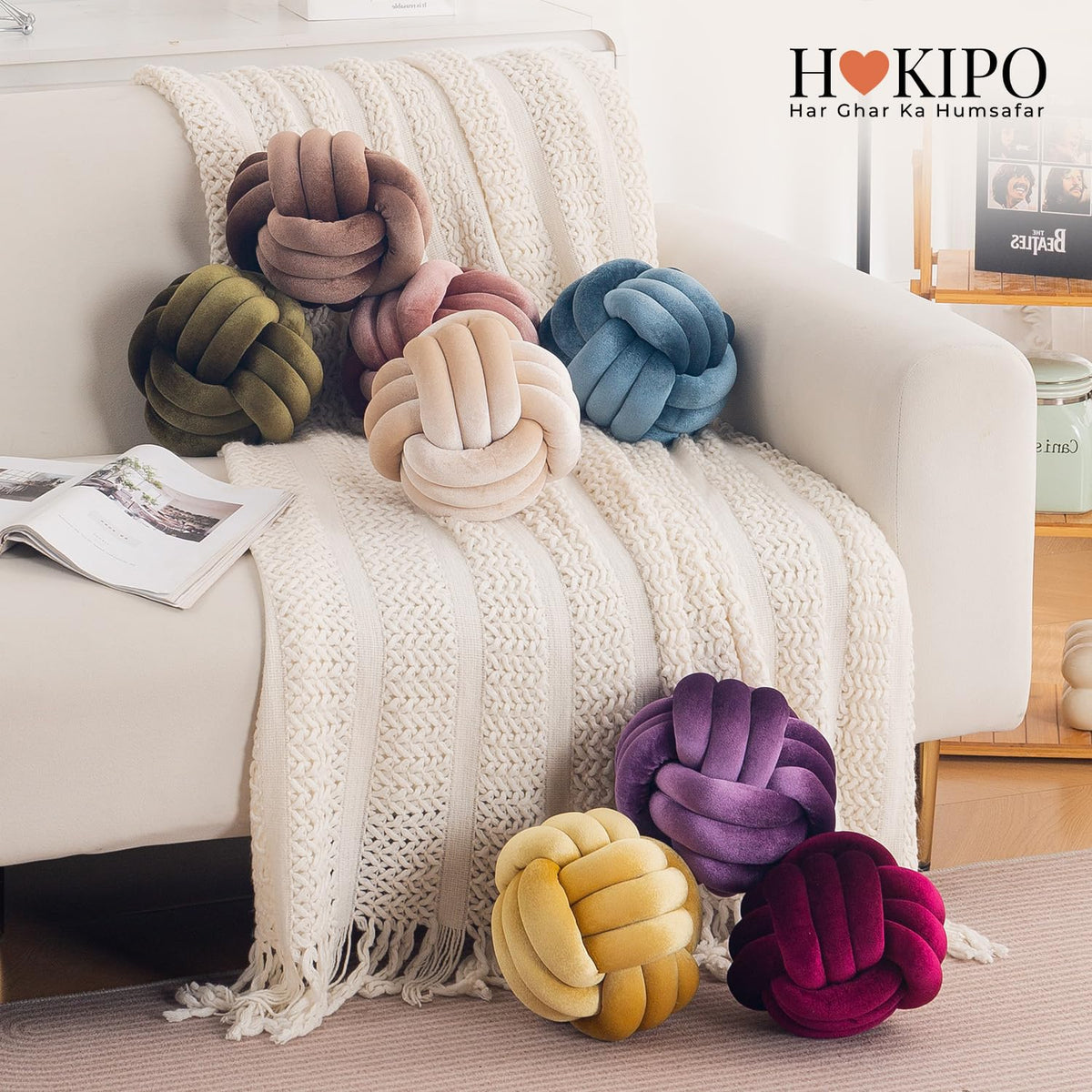 HOKIPO Velvet Knot Ball Cushion for Sofa & Bed, 20 cm, Blue