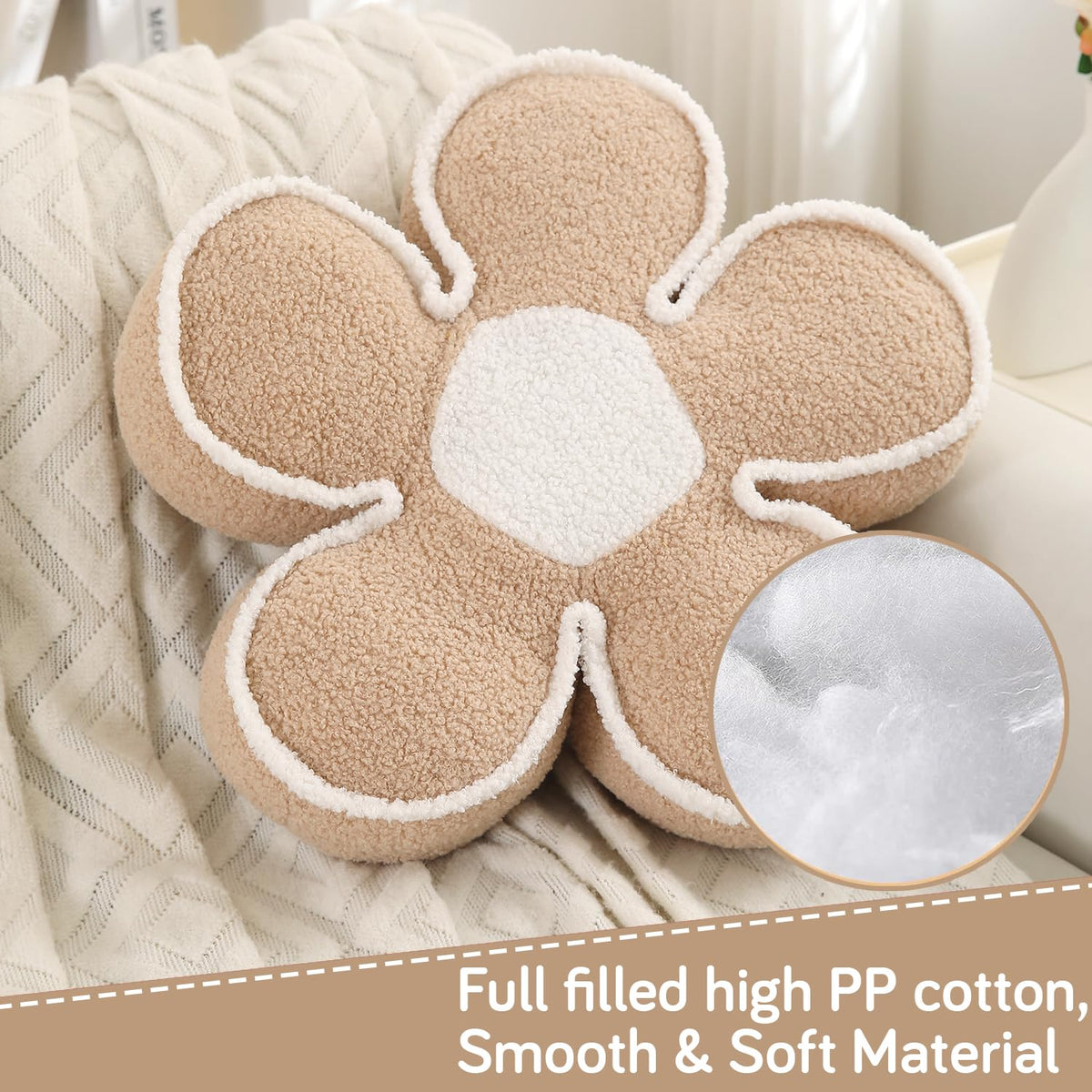 HOKIPO Plush Cotton Flower Cushion | Decorative Throw Pillow for Bed & Sofa - Beige