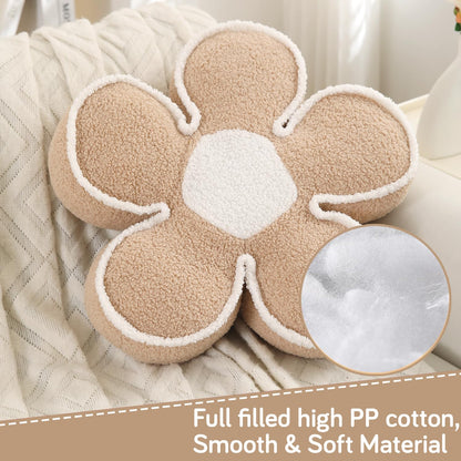HOKIPO Plush Cotton Flower Cushion | Decorative Throw Pillow for Bed & Sofa - Beige