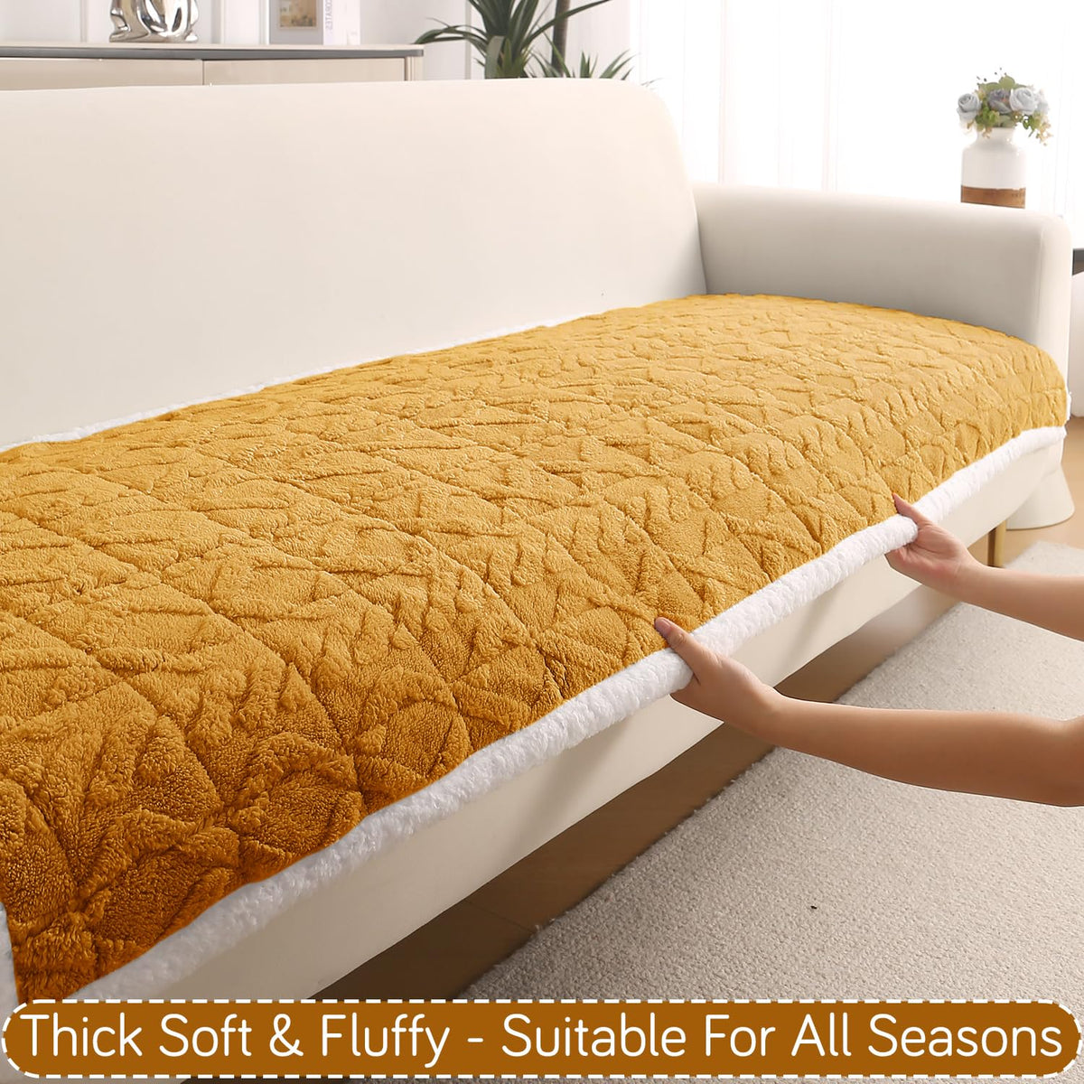 Italian Caelora Luxury Jacquard Plush L Shape Sofa Cover Seat Mat - Honey Yellow