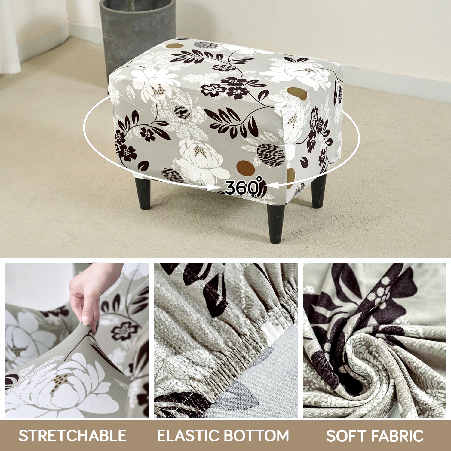 Stretchable 140 GSM Footstool Cover, Feather Brown Floral