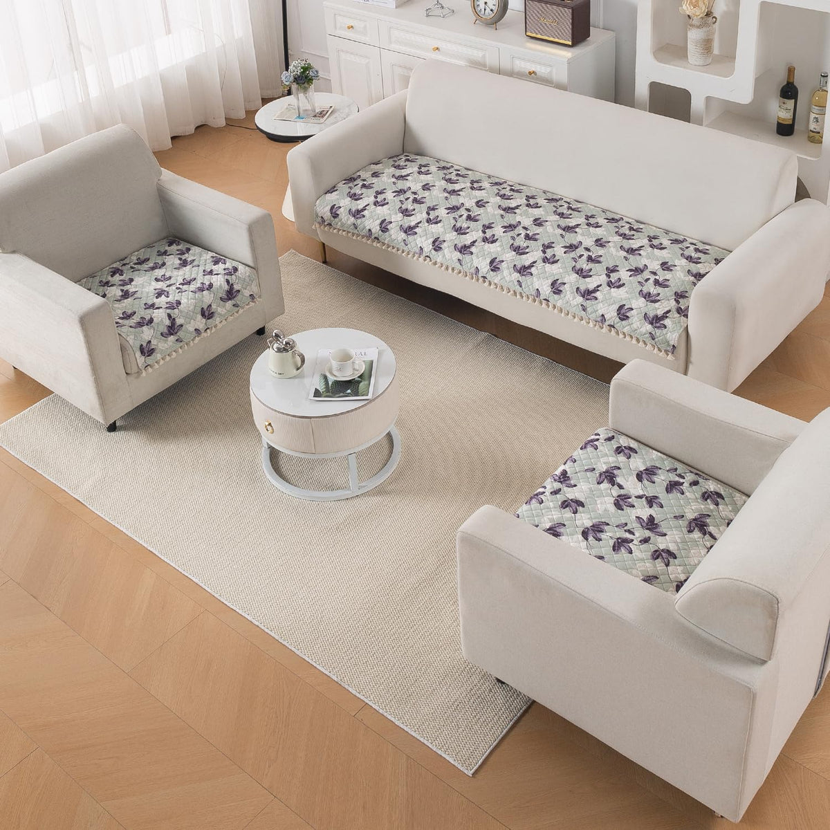 Quilted Sofa Seat Mat for 5-Seater Sofa (3+1+1), Tassel Twigs | Lavender Vine