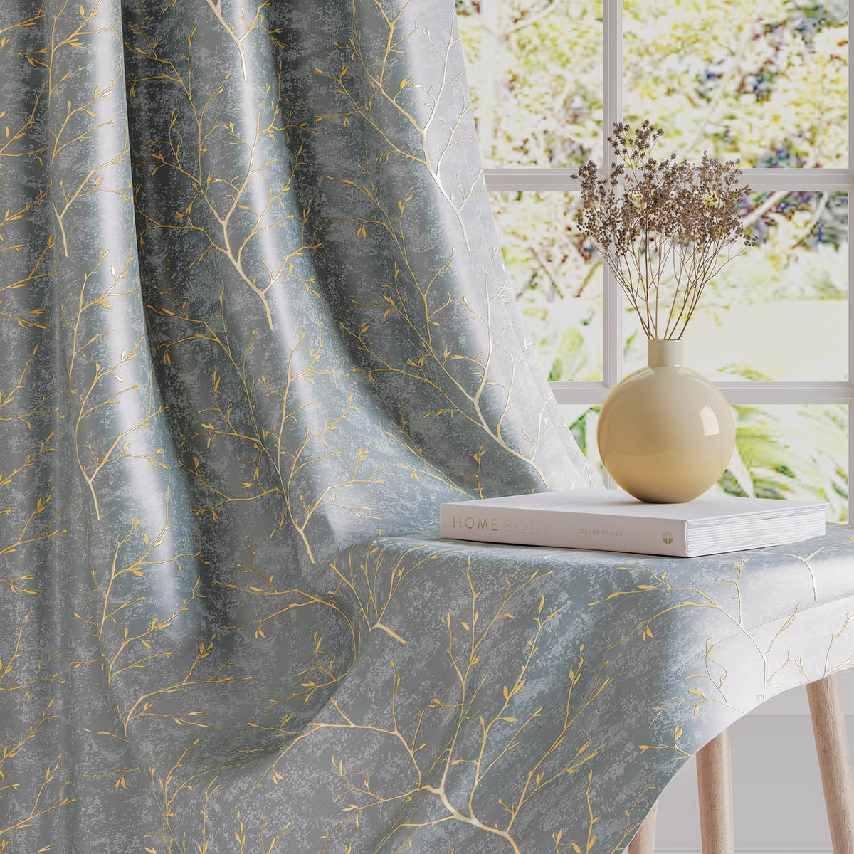 HOKIPO Shimmer Foil Printed Curtains, 7 Feet Long - Grey