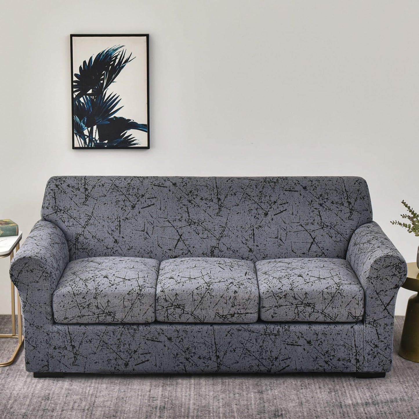 Printed Stretchable Sofa Slipcover with 1/2/3 Pc Separate Seat Cushion Cover for each 1/2/3 Seater, Intense Grey Splatter