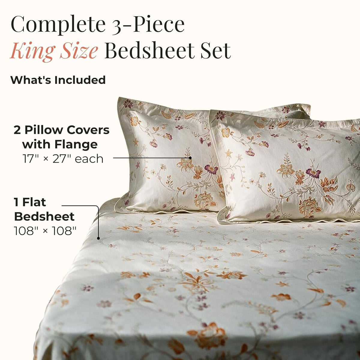HOKIPO Floral 300TC Cotton Sateen Flat Bedsheet, King, Ochre & Lavender - image 5