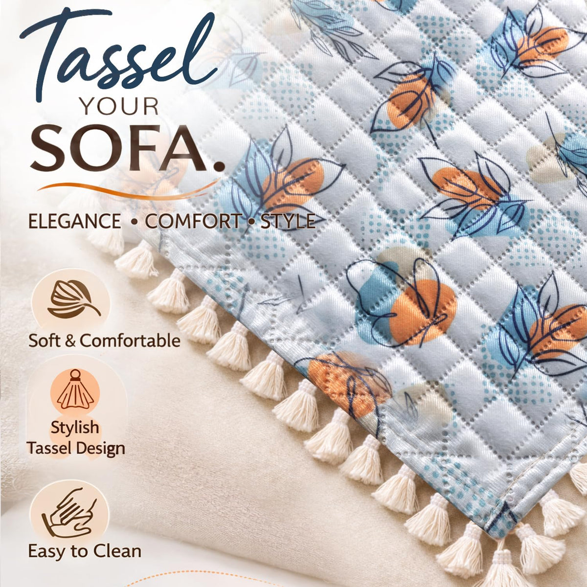Quilted Sofa Cover 5-Seater Sofa Cover (3+1+1), Tassel Twigs | Abstract Petals