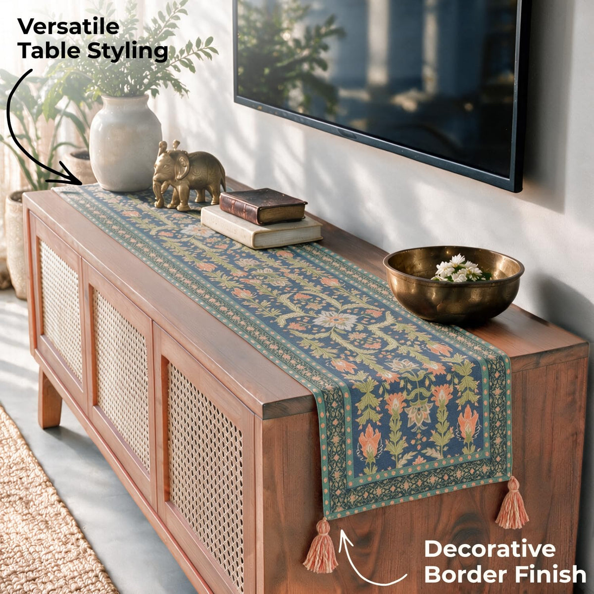 HOKIPO Floral Medallion Printed & Embroidered Table Runner, Midnight Blue - image 5