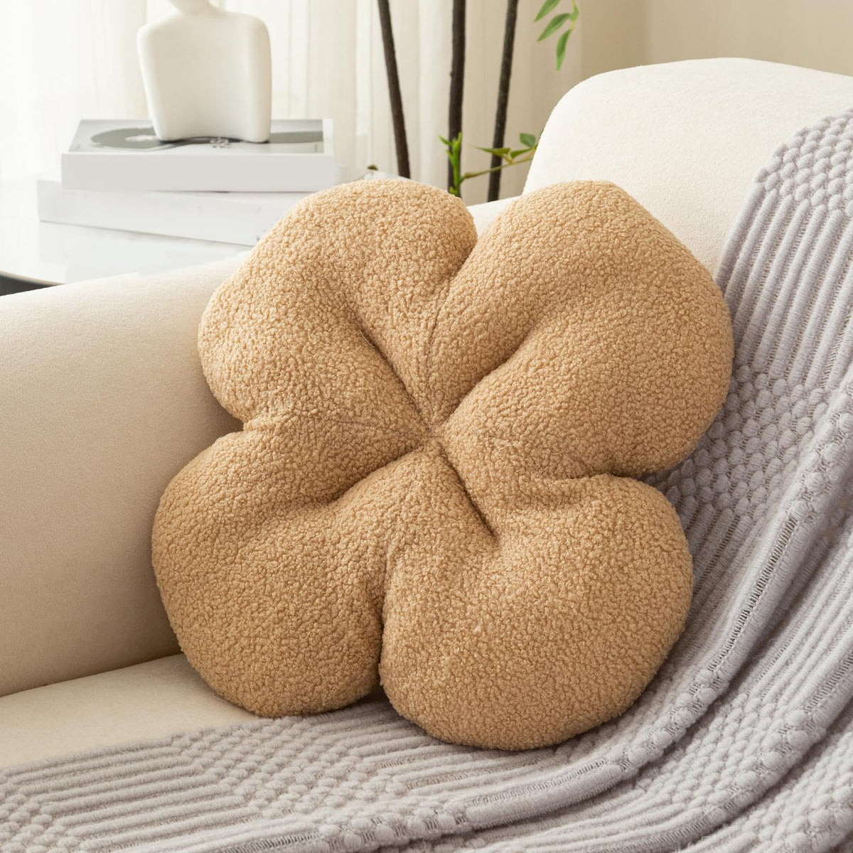 HOKIPO Floral Decorative Throw Pillow for Sofa, Couch & Bed | Soft Plush Flower Cushion | Aesthetic Pillow for Home Décor - 46 cm, Beige (AR-6728-BGE)