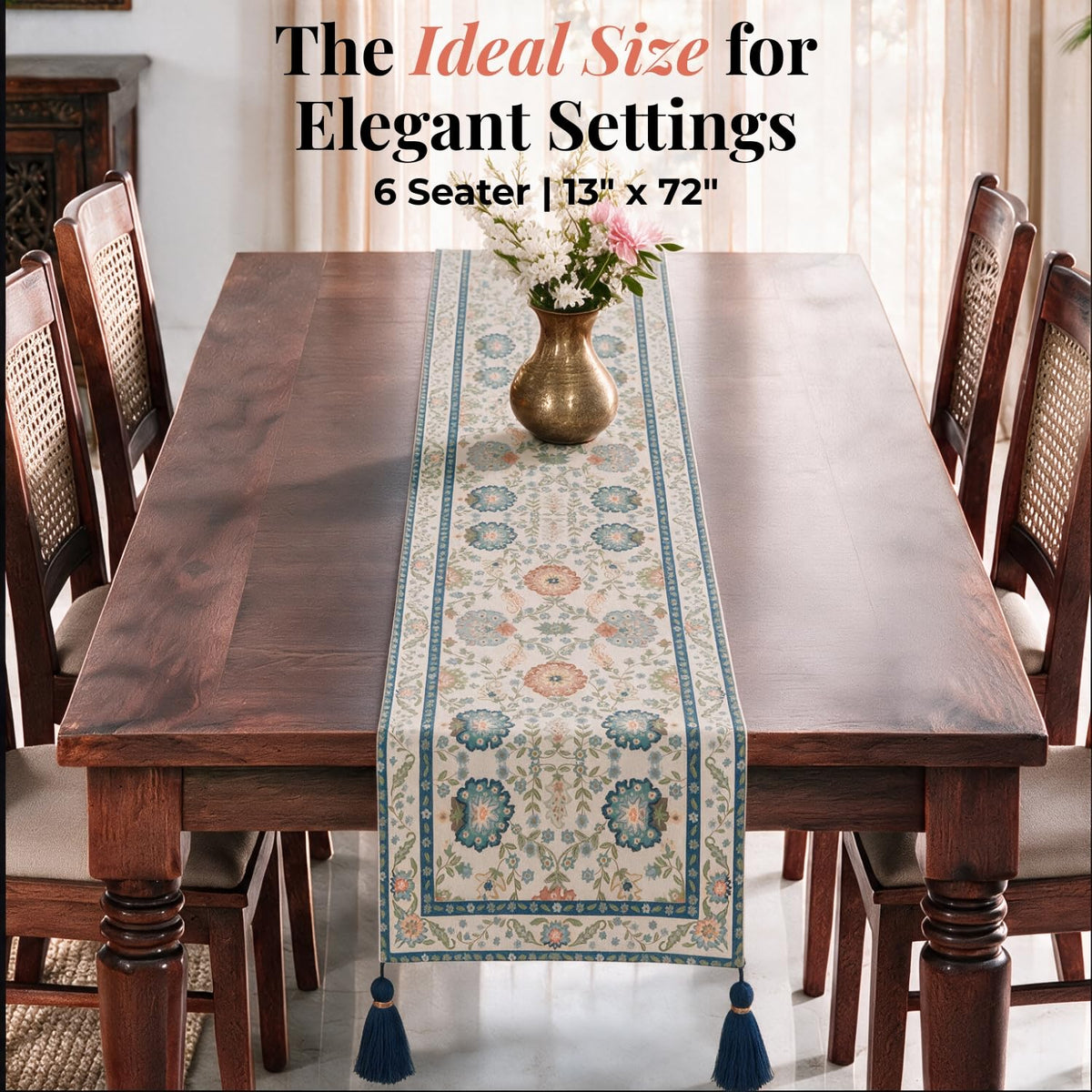 HOKIPO Floral Printed Table Runner with Embroidered Details, Ivory & Blue - image 6