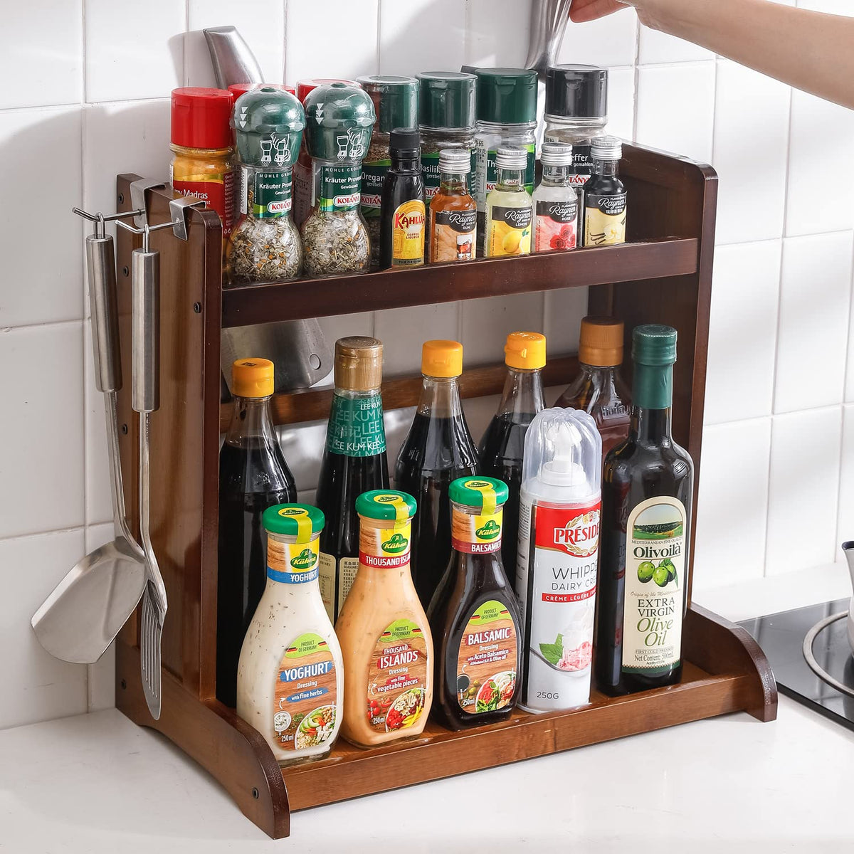 Bamboo 2 Tier Spice Rack Organizer For Tiered Shelf Kitchen Platform Counter Top Rack Storage Shelf Stand