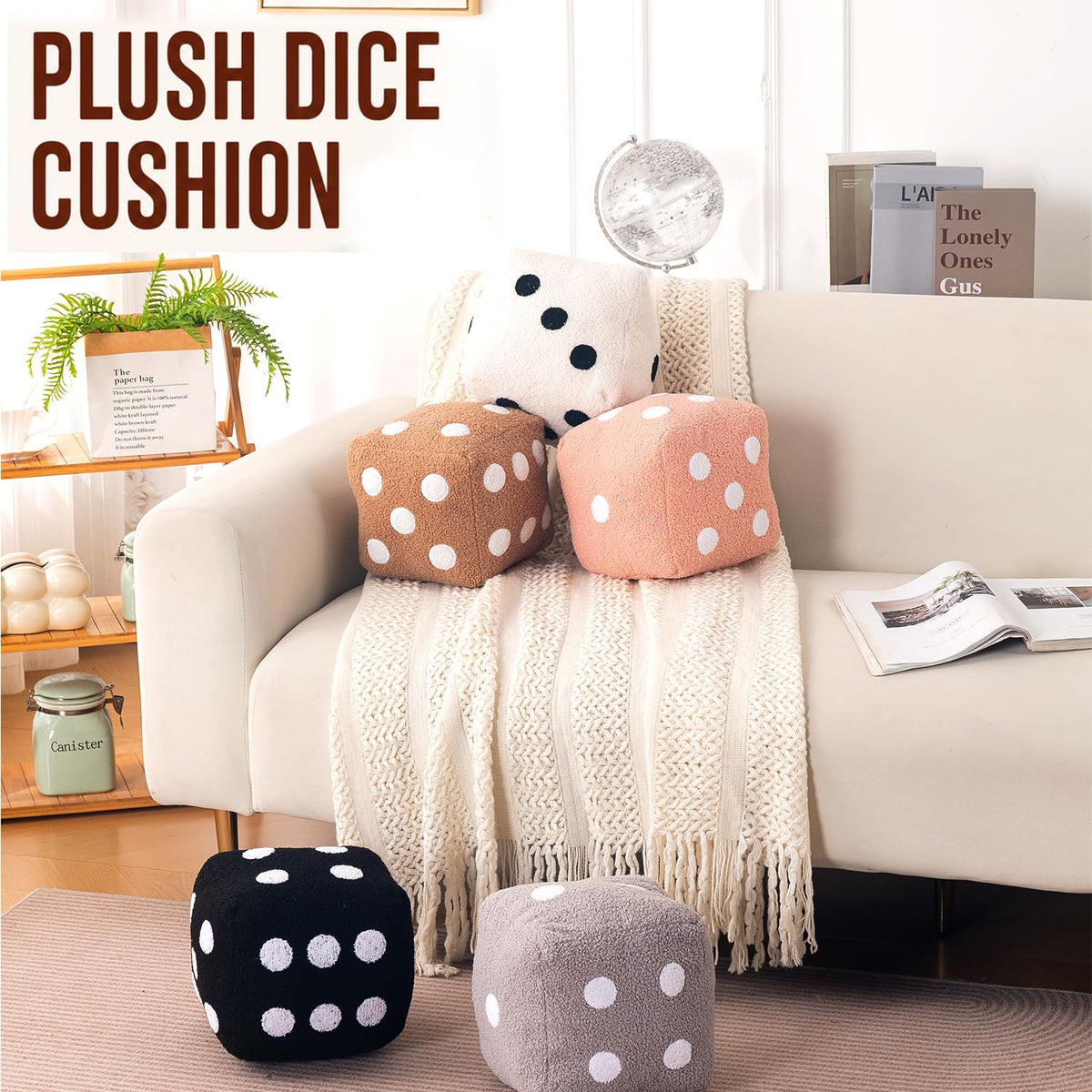 HOKIPO Dice Shaped Plush Cushion for Gaming Room & Kids Decor, 22 cm, Peach