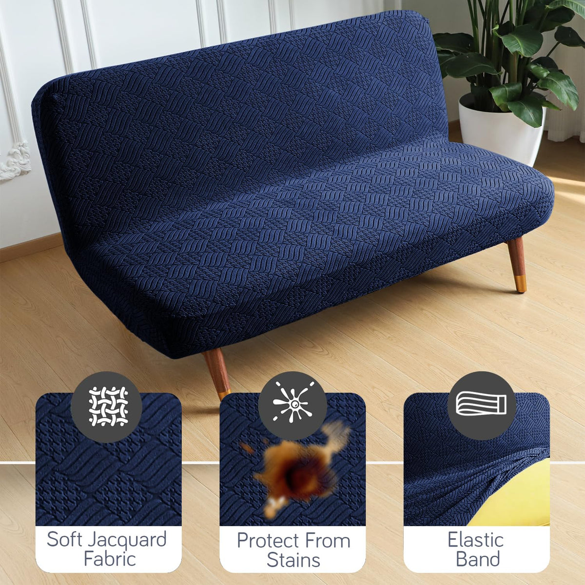Buy Navy Blue Colour Soft Jacquard Elastic Armless Sofa Cover | HOKIPO