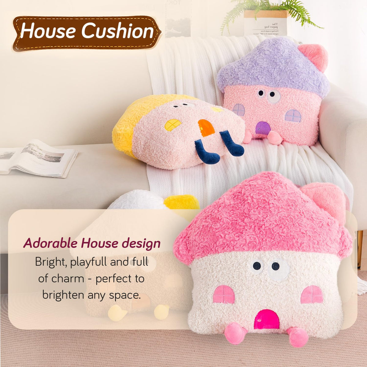 HOKIPO Mushroom House Shaped Cushion for Kids Room & Nursery, 46 cm, Cream