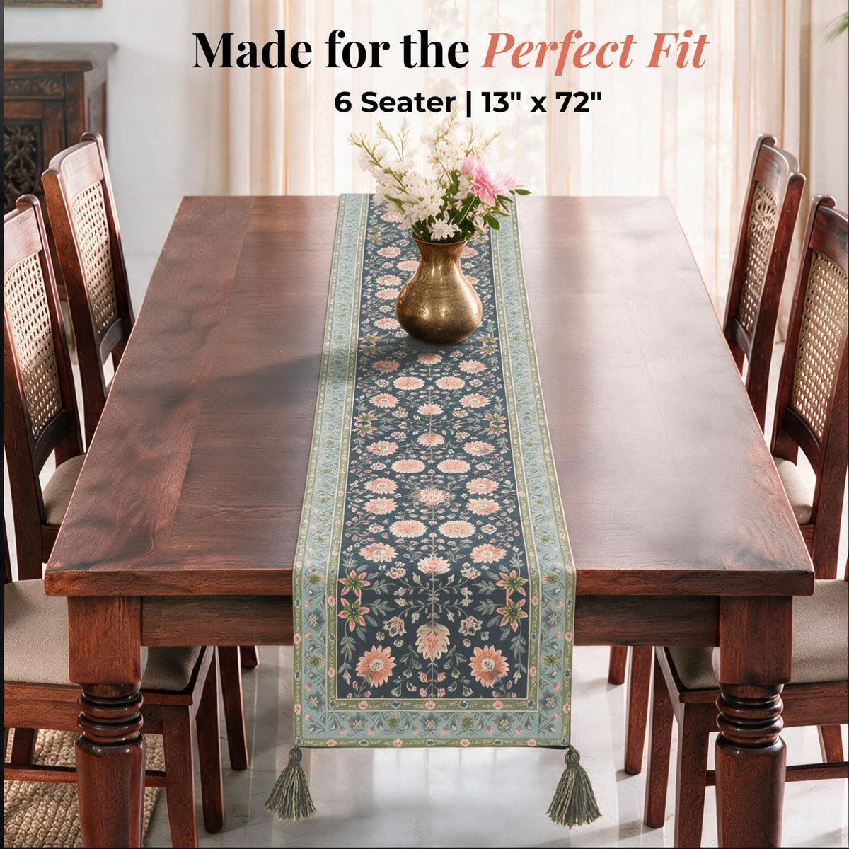 HOKIPO Floral Printed & Embroidered Table Runner, Charcoal Sage - image 6
