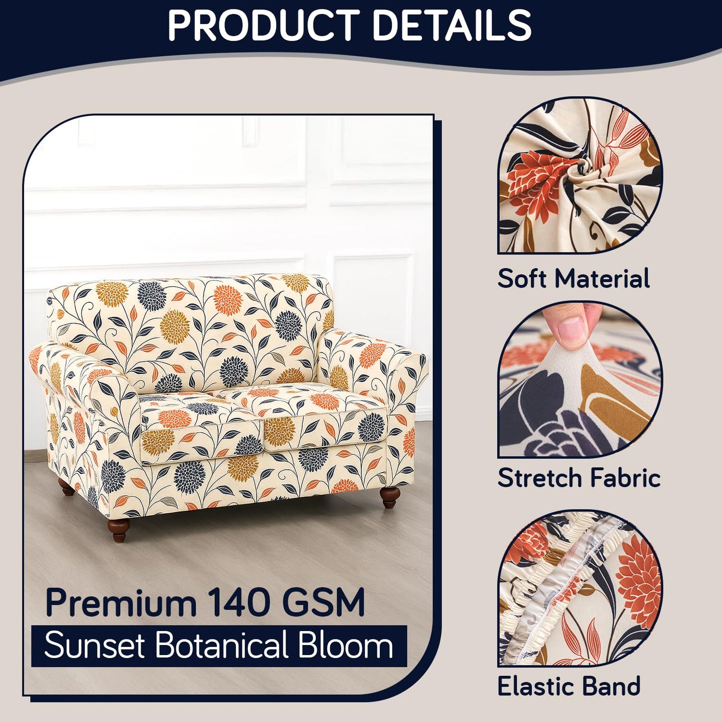 Printed Stretchable Sofa Slipcover with 1/2/3 Pc Separate Seat Cushion Cover for each 1/2/3 Seater, Sunset Botanical Bloom