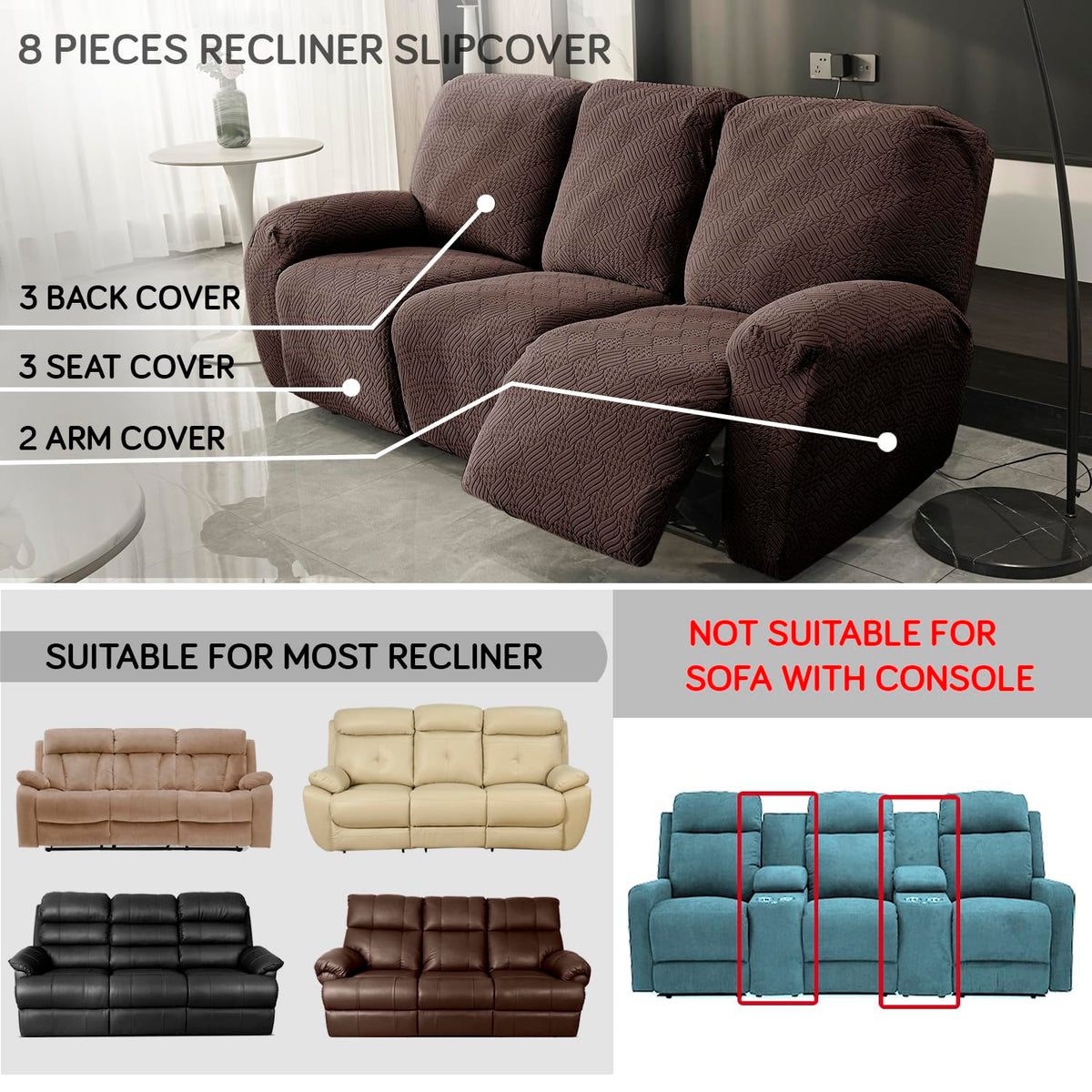 Buy Brown Colour Jacquard 8 Pieces Recliner Slipcover | HOKIPO