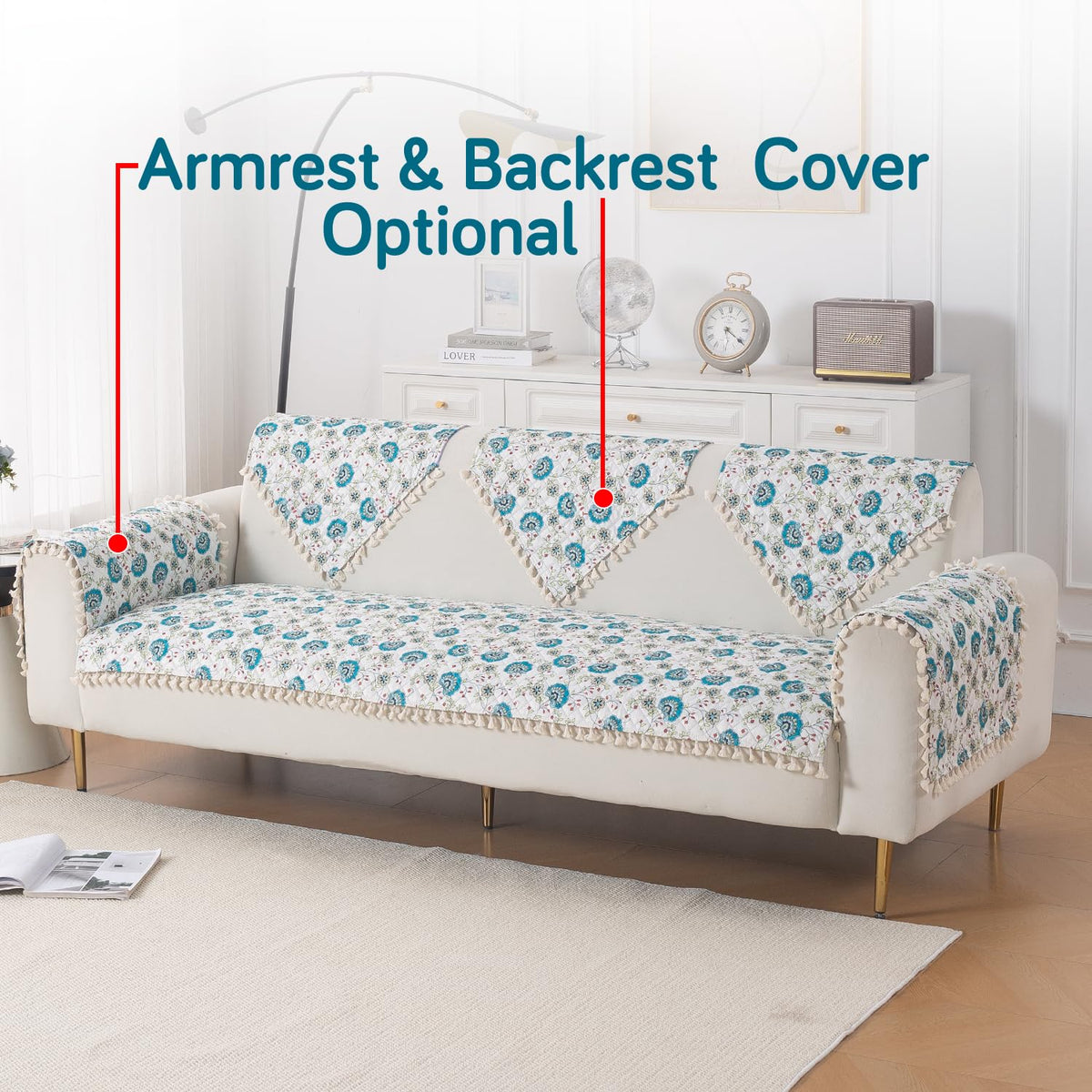 Quilted Sofa Seat Mat for 5-Seater Sofa (3+1+1), Tassel Twigs | Cerulean Bloom