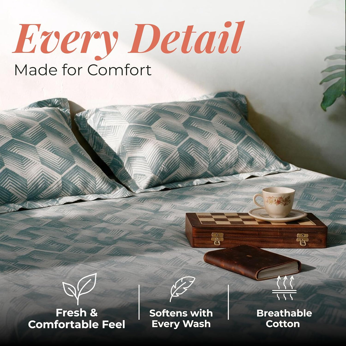 HOKIPO Geometric 210 TC Cotton Sateen Flat Bedsheet, King Size, Teal Eggshell - image 3