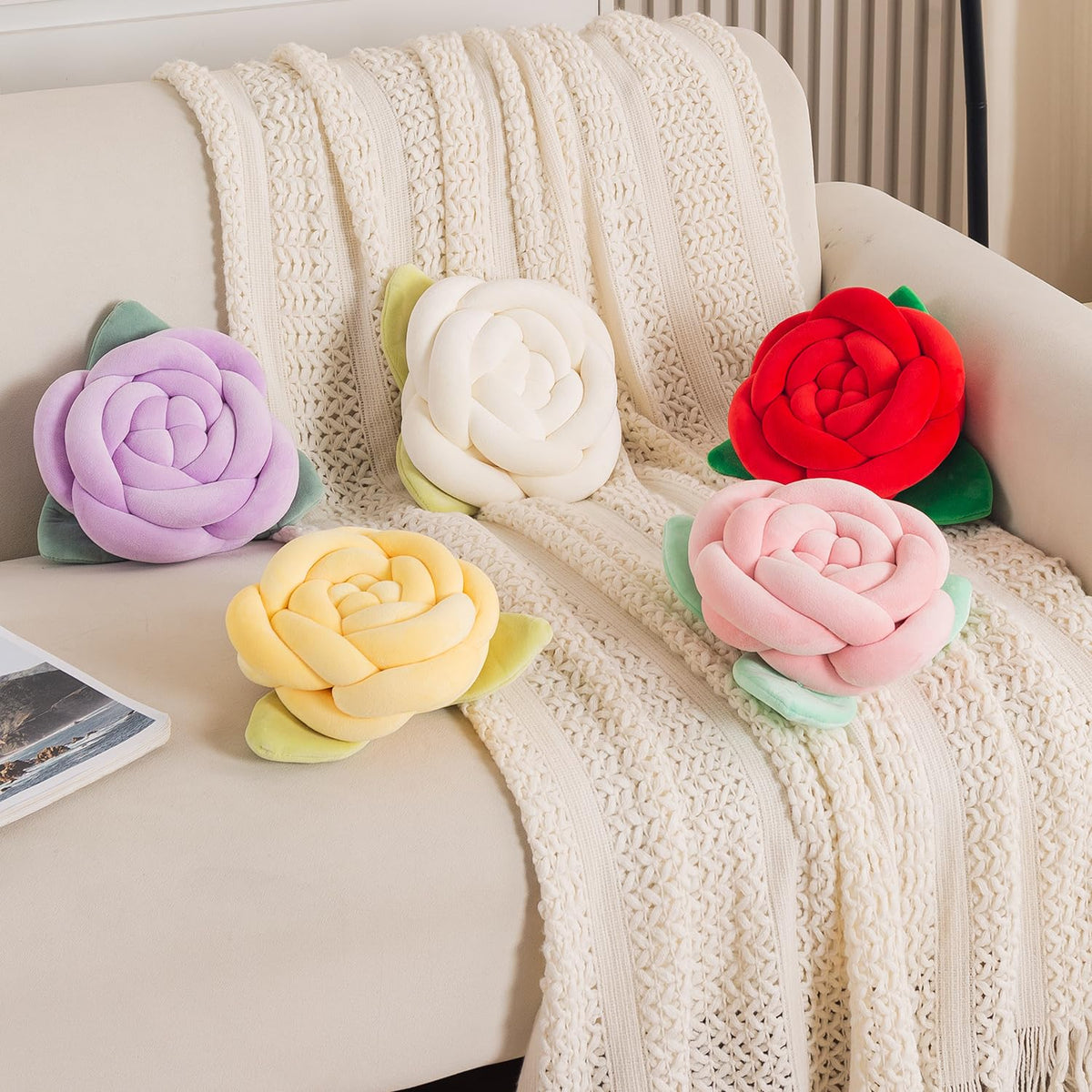 HOKIPO Rose Flower Shaped Cushion for Sofa & Bed, 22 cm, Purple