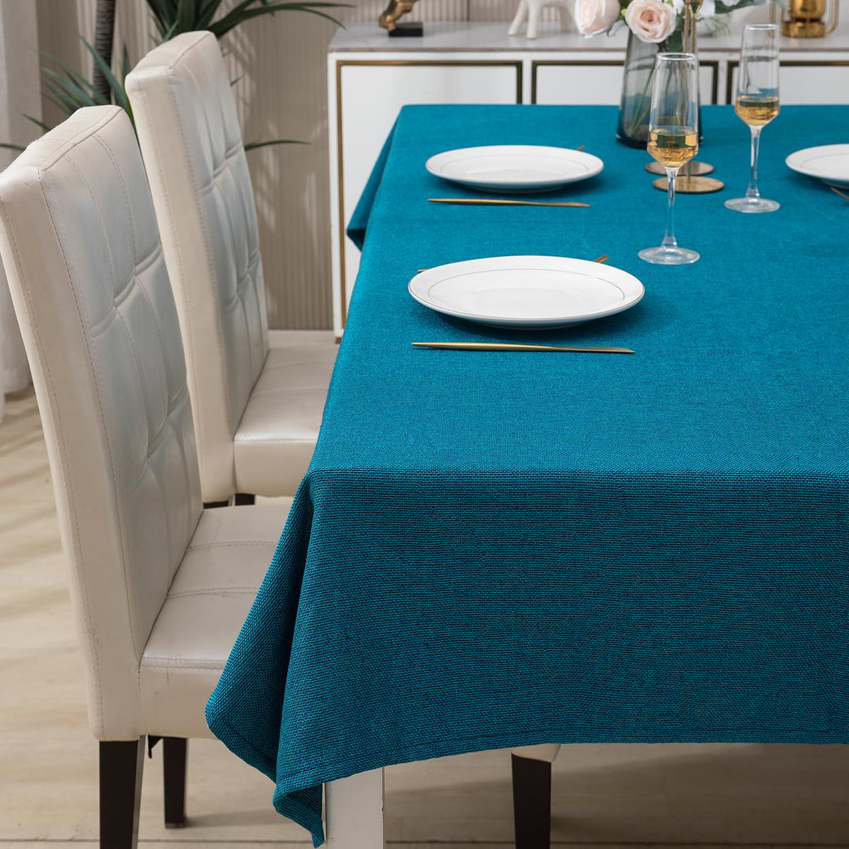 Buy teal blue colour poly jute table cover cloth | HOKIPO