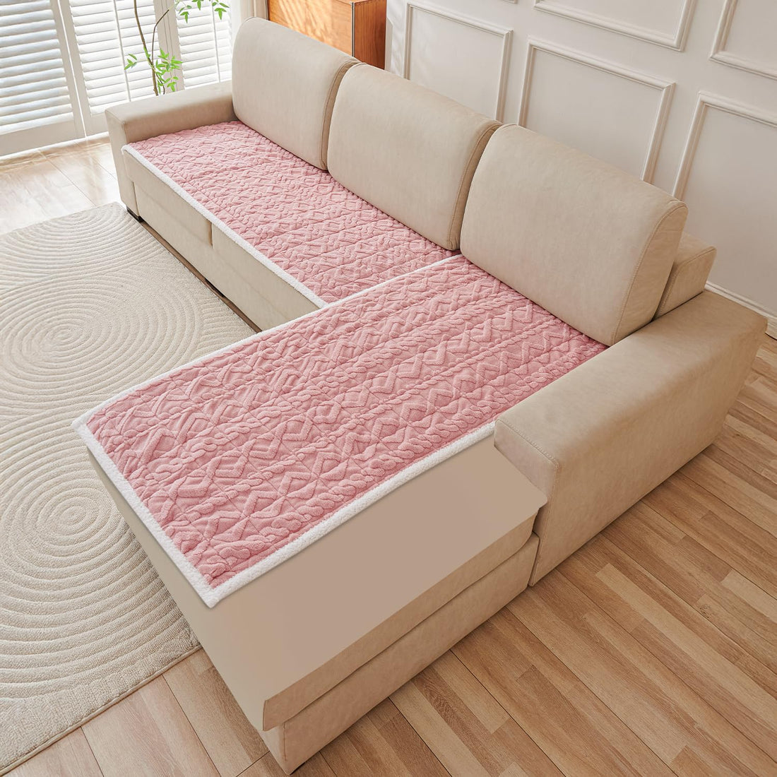 Buy Misty Rose Italian Caelora Luxury Jacquard Plush L Shape Sofa Cover | HOKIPO