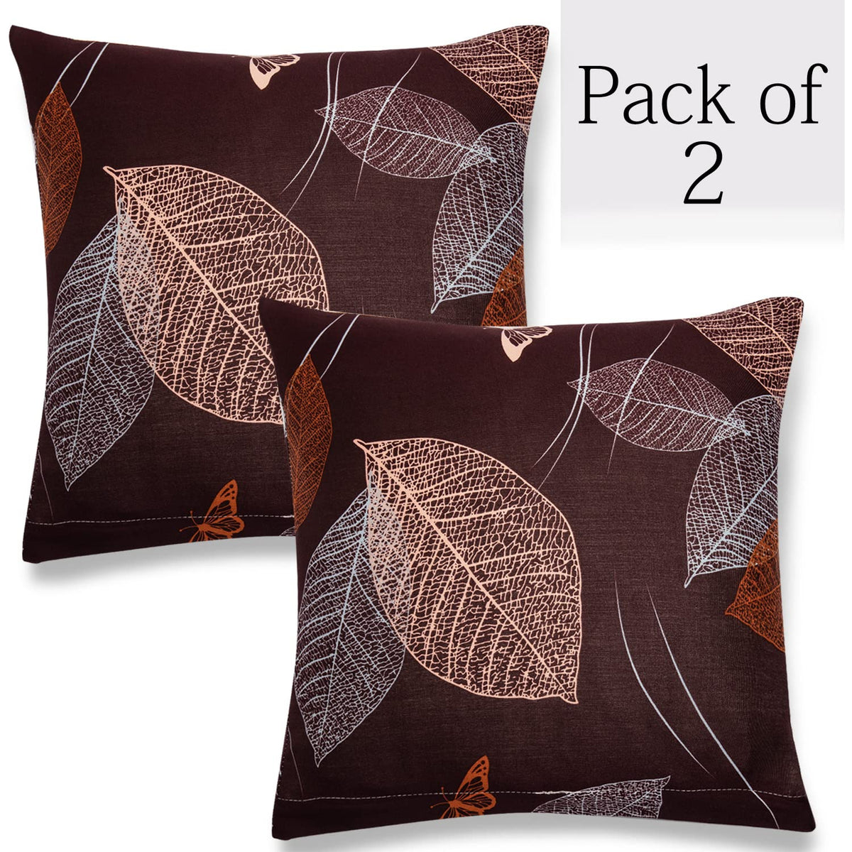 Dark Brown Leaf Print 16 by 16 zippered square sofa pillow covers Set of 2