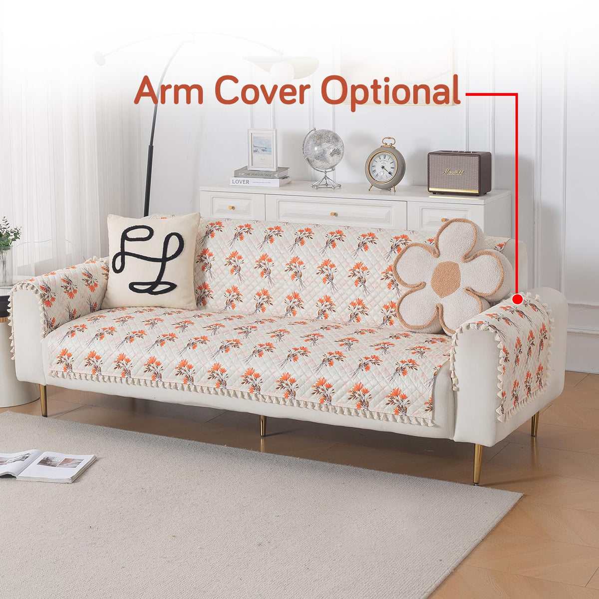Quilted Sofa Cover 5-Seater Sofa Cover (3+1+1), Tassel Twigs | Autumn Blossom