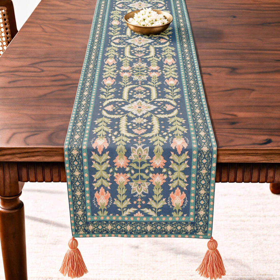 HOKIPO Floral Medallion Printed & Embroidered Table Runner, Midnight Blue - image 1