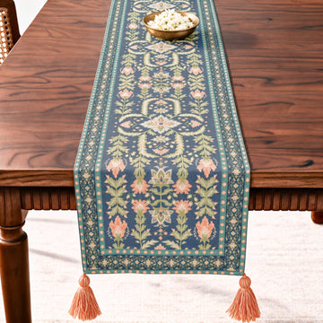 HOKIPO Floral Medallion Printed & Embroidered Table Runner, Midnight Blue - image 1