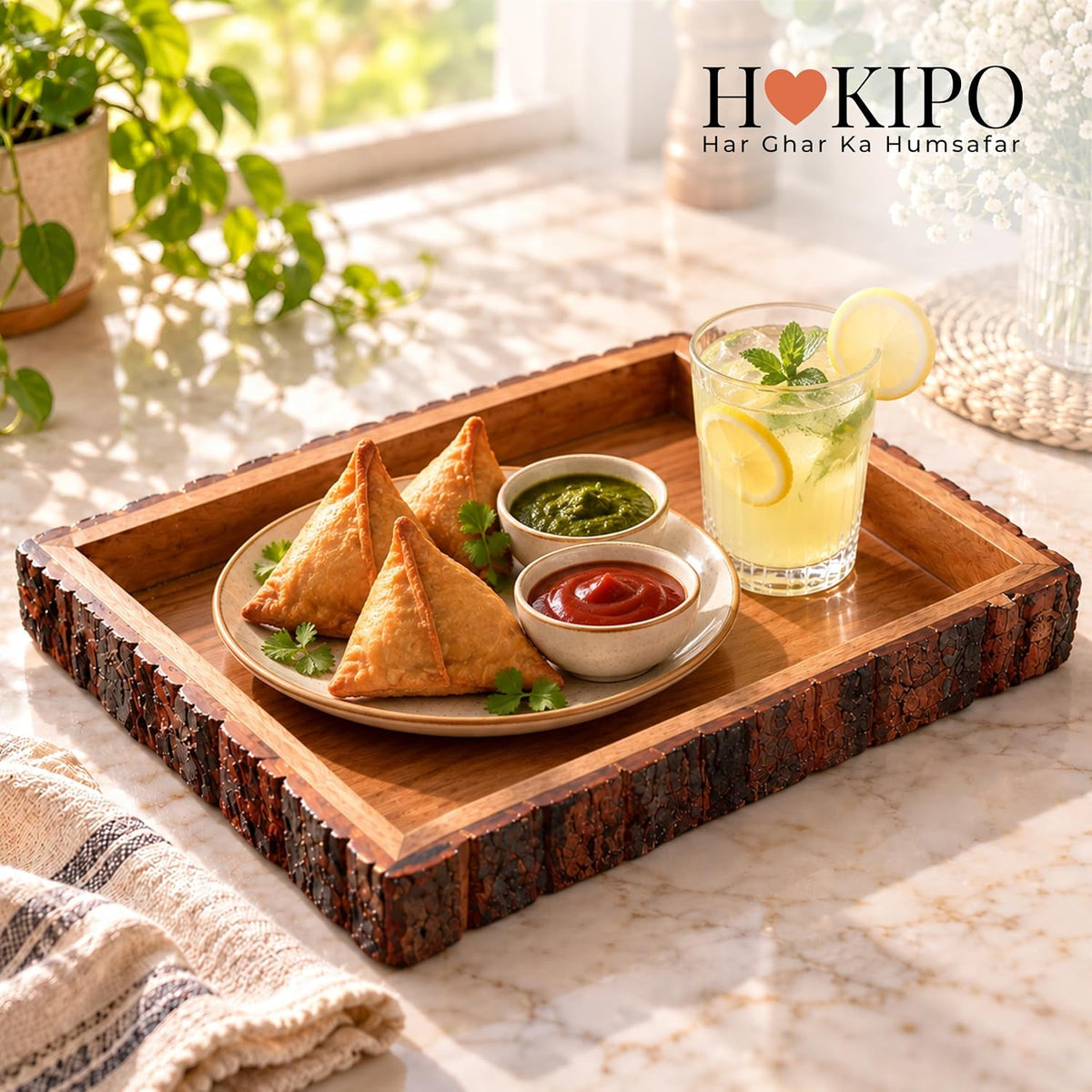 HOKIPO Arbor Mango Wood Serving Tray with Bark Edge, Rectangle 37.5 x 25 cm - image 8