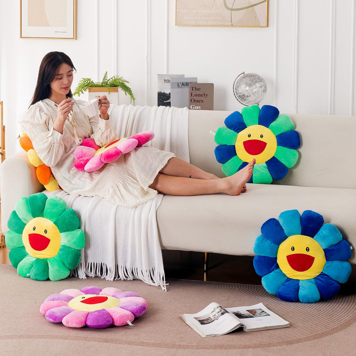 HOKIPO Smiley Sunflower Cushion for Sofa & Bed, 45 cm, Purple