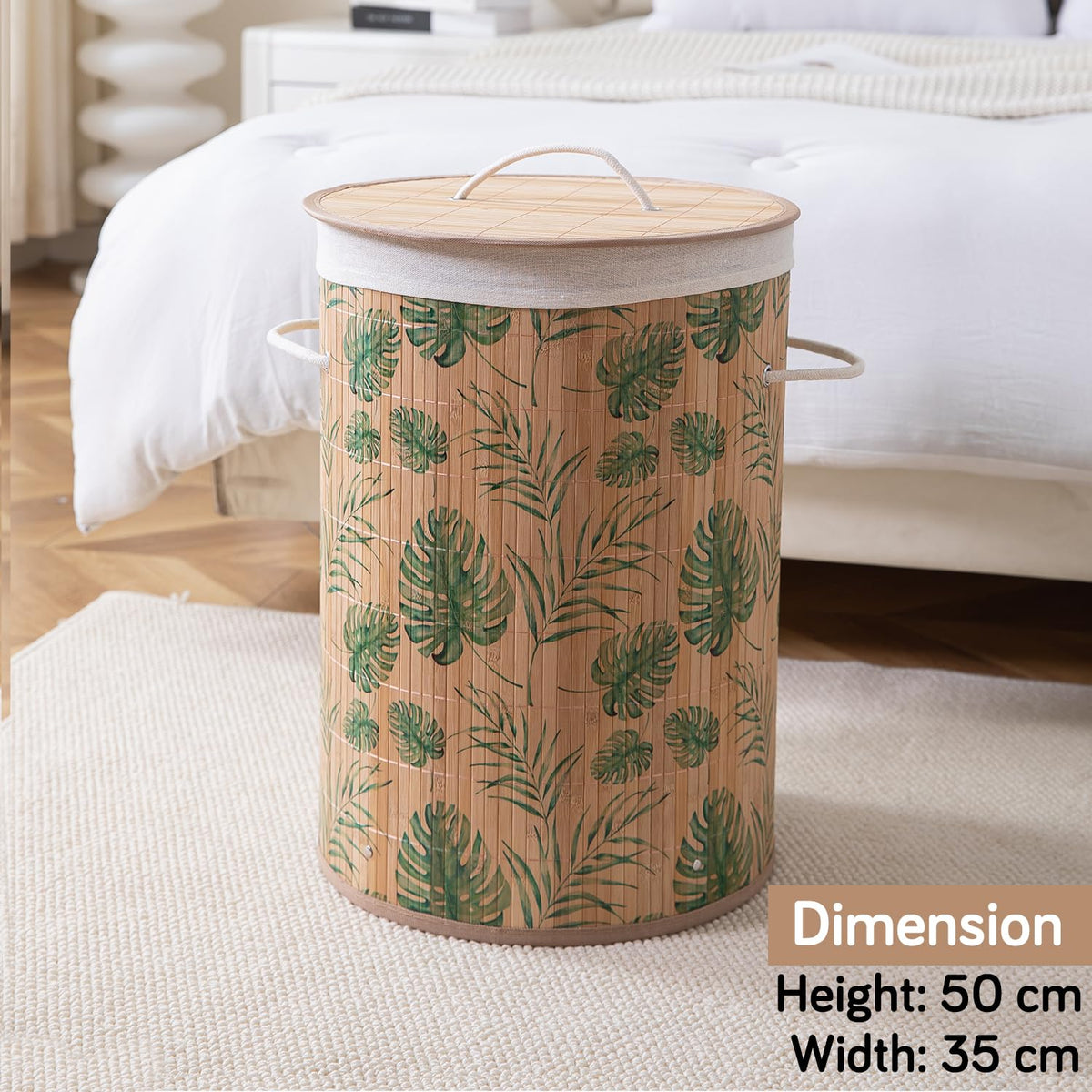Eco-Friendly Foldable Bamboo Laundry Basket Hamper with Lid, Large, 61 Litre, Tropical Leaves