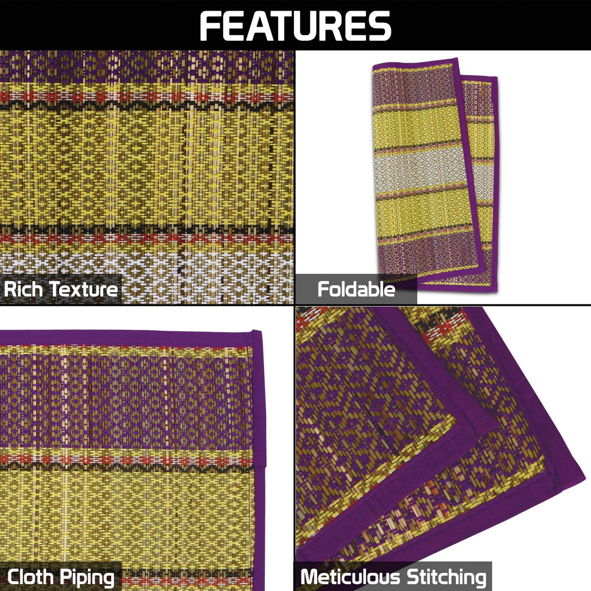 Natural River Grass Handcrafted Pooja Floor Mats/Meditation Prayer Mat/Sittting Mat/Aasan Mat Chatai for Pack of 2/4/6/8, Purple