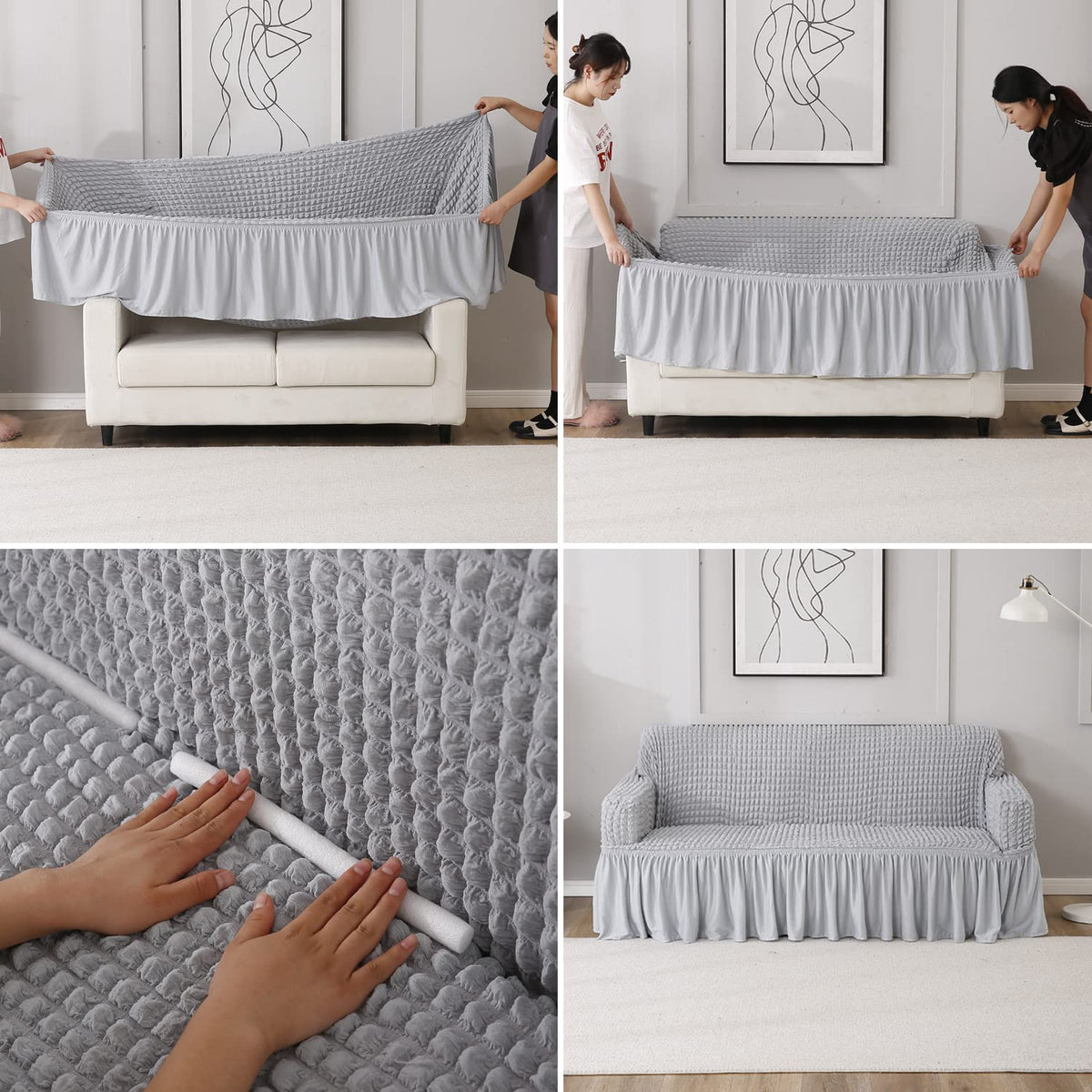 How to put Ash Grey stretchable Turkish Bubble frill sofa cover guide