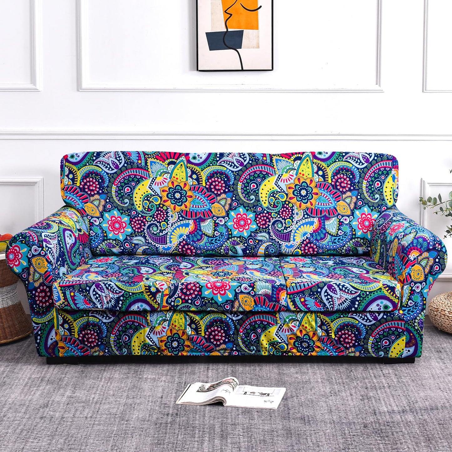 Printed Stretchable Sofa Slipcover with 1/2/3 Pc Separate Seat Cushion Cover for each 1/2/3 Seater, Saphire Boho Carnival