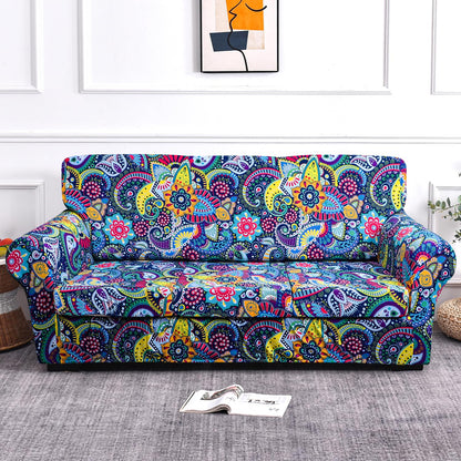 Printed Stretchable Sofa Slipcover with 1/2/3 Pc Separate Seat Cushion Cover for each 1/2/3 Seater, Saphire Boho Carnival