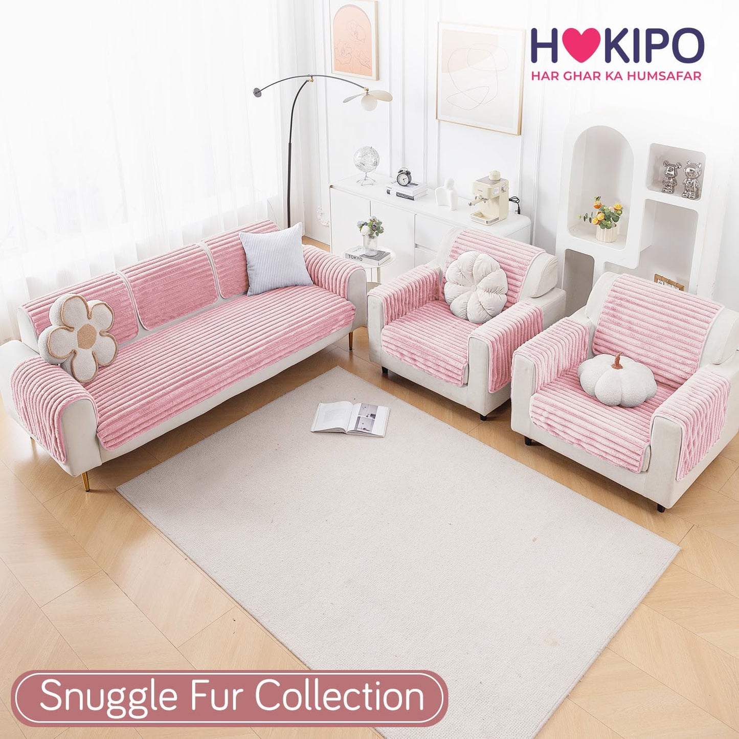 Faux Rabbit Fur Sofa Cover Combination Set, 'Snuggle Fur Series' Soft Pink
