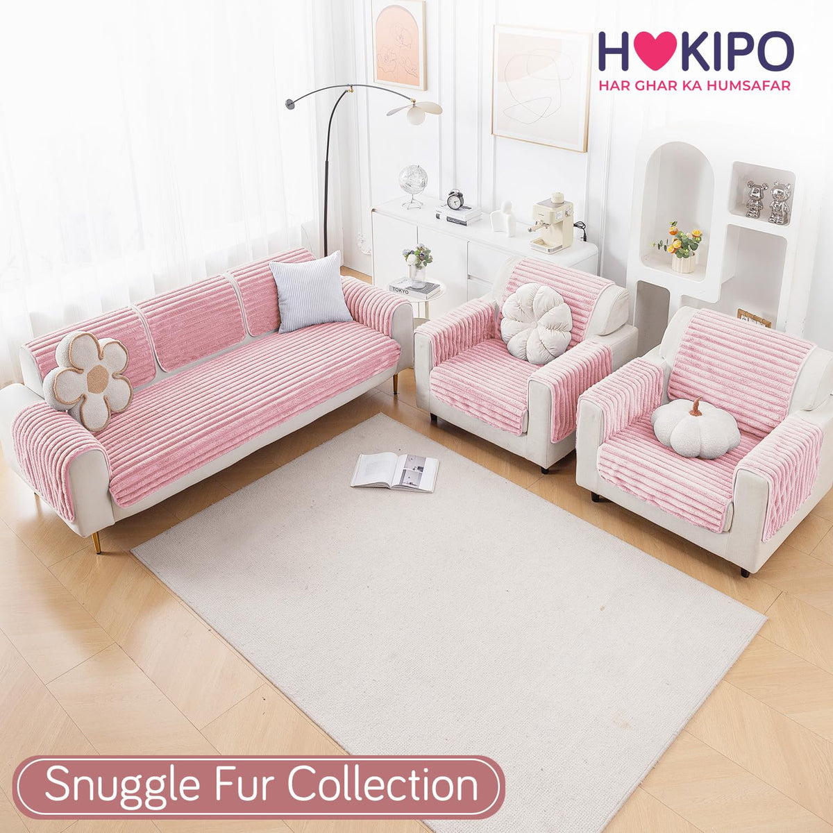 Faux Rabbit Fur Sofa Cover Combination Set, 'Snuggle Fur Series' Soft Pink