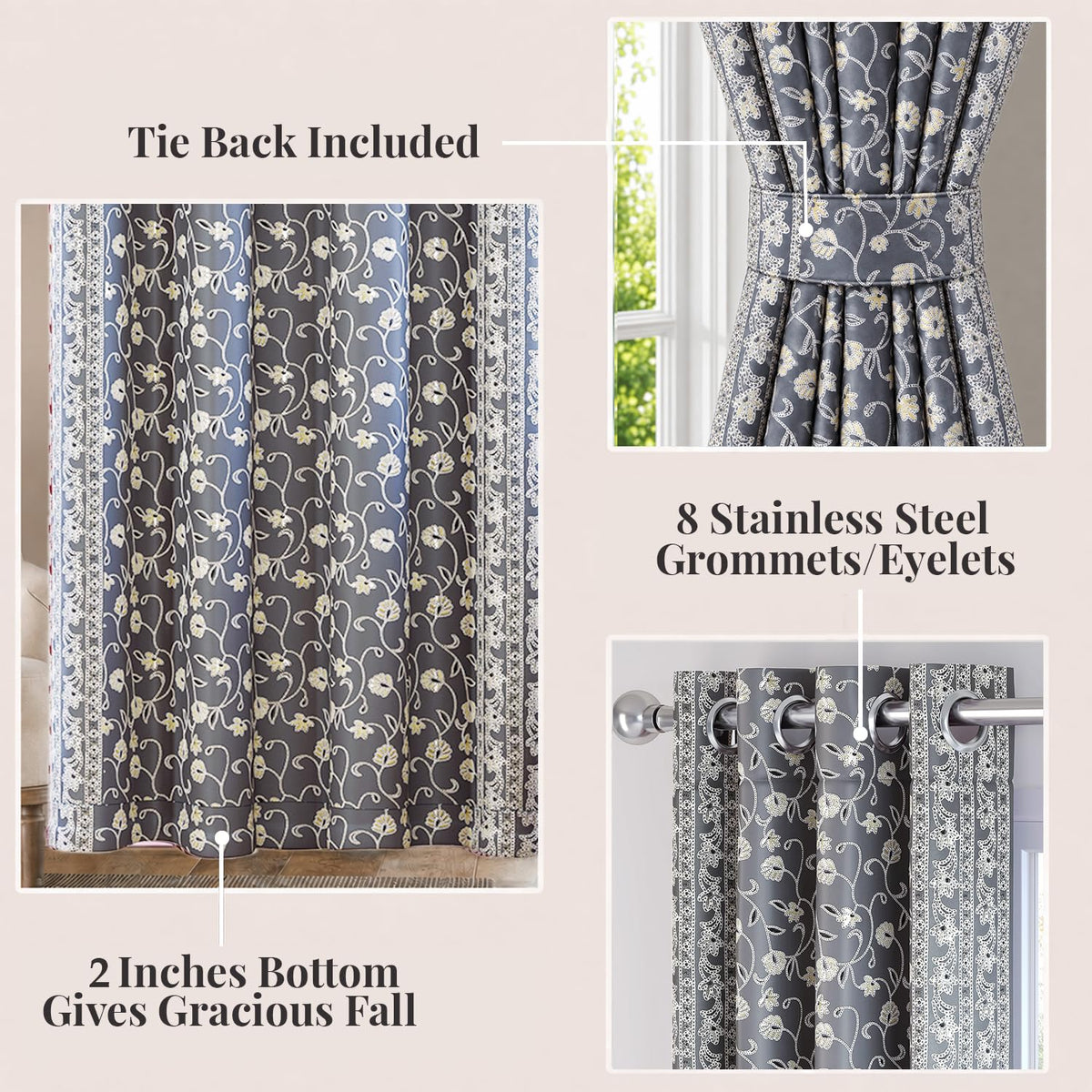 HOKIPO Shahi Bagh Eyelet Curtains, 7 Feet Long - Charcoal Grey - image 4
