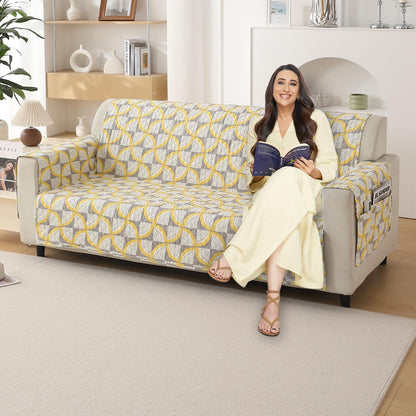 Quilted Printed Polyester Sofa Cover Mat for 1/2/3 Seater Sofa with Side Pockets, Pet Friendly, Windmill Cyber Yellow