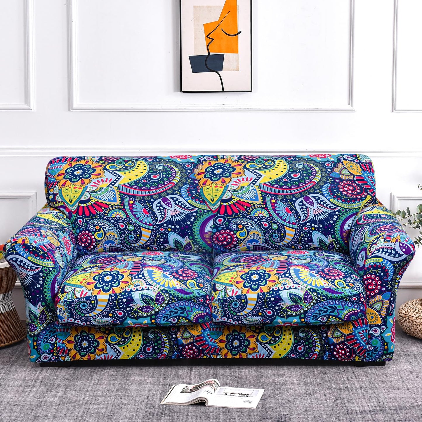 Printed Stretchable Sofa Slipcover with 1/2/3 Pc Separate Seat Cushion Cover for each 1/2/3 Seater, Saphire Boho Carnival