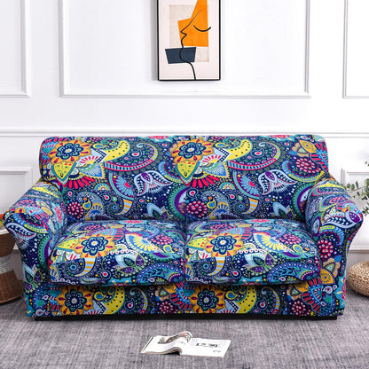 Printed Stretchable Sofa Slipcover with 1/2/3 Pc Separate Seat Cushion Cover for each 1/2/3 Seater, Saphire Boho Carnival