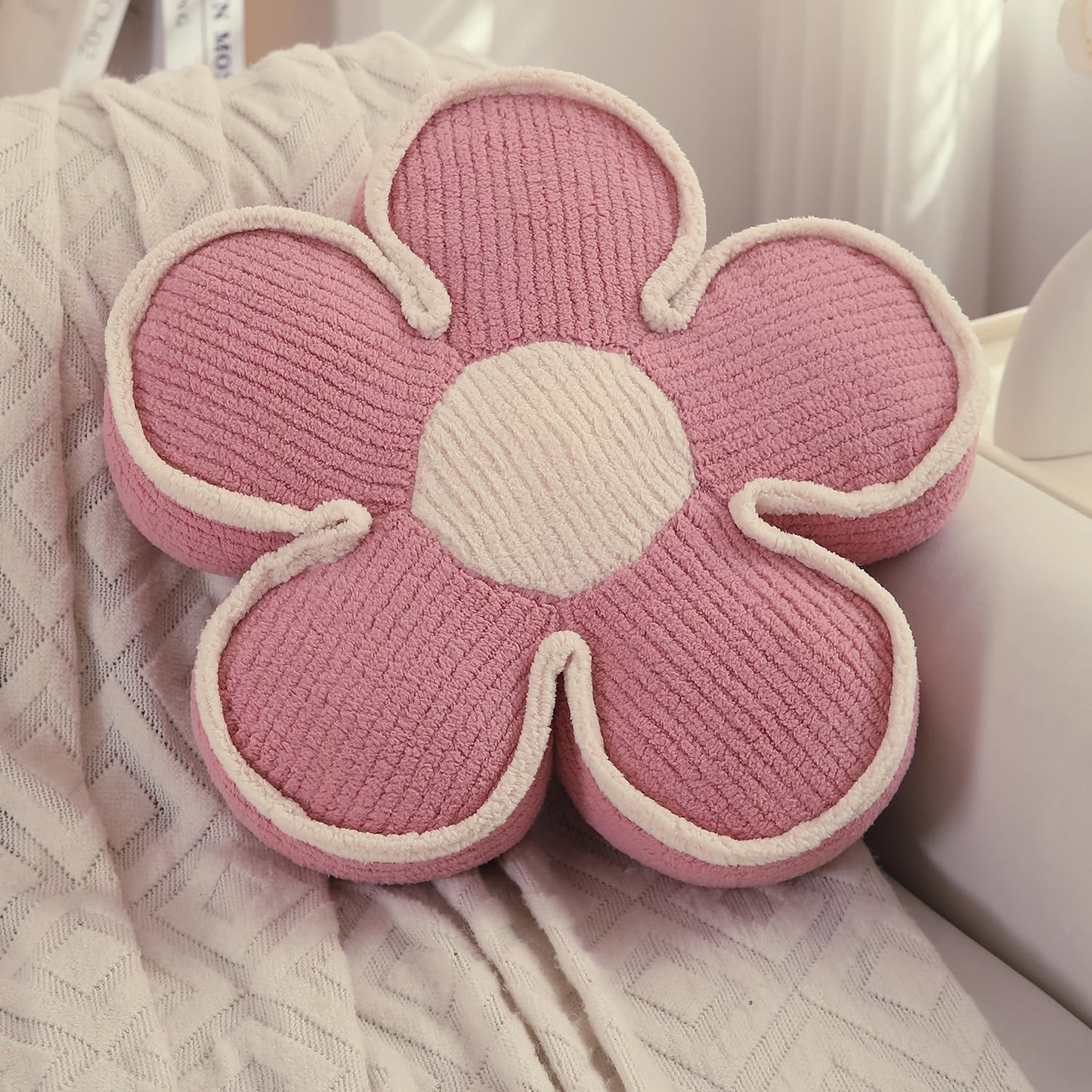HOKIPO Plush Cotton Flower Cushion | Decorative Throw Pillow for Bed & Sofa - Baby Pink