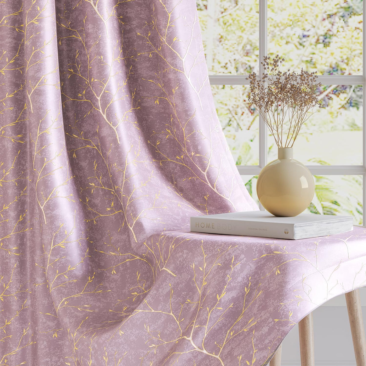 HOKIPO Shimmer Foil Printed Curtains, 7 Feet Long - Onion Pink