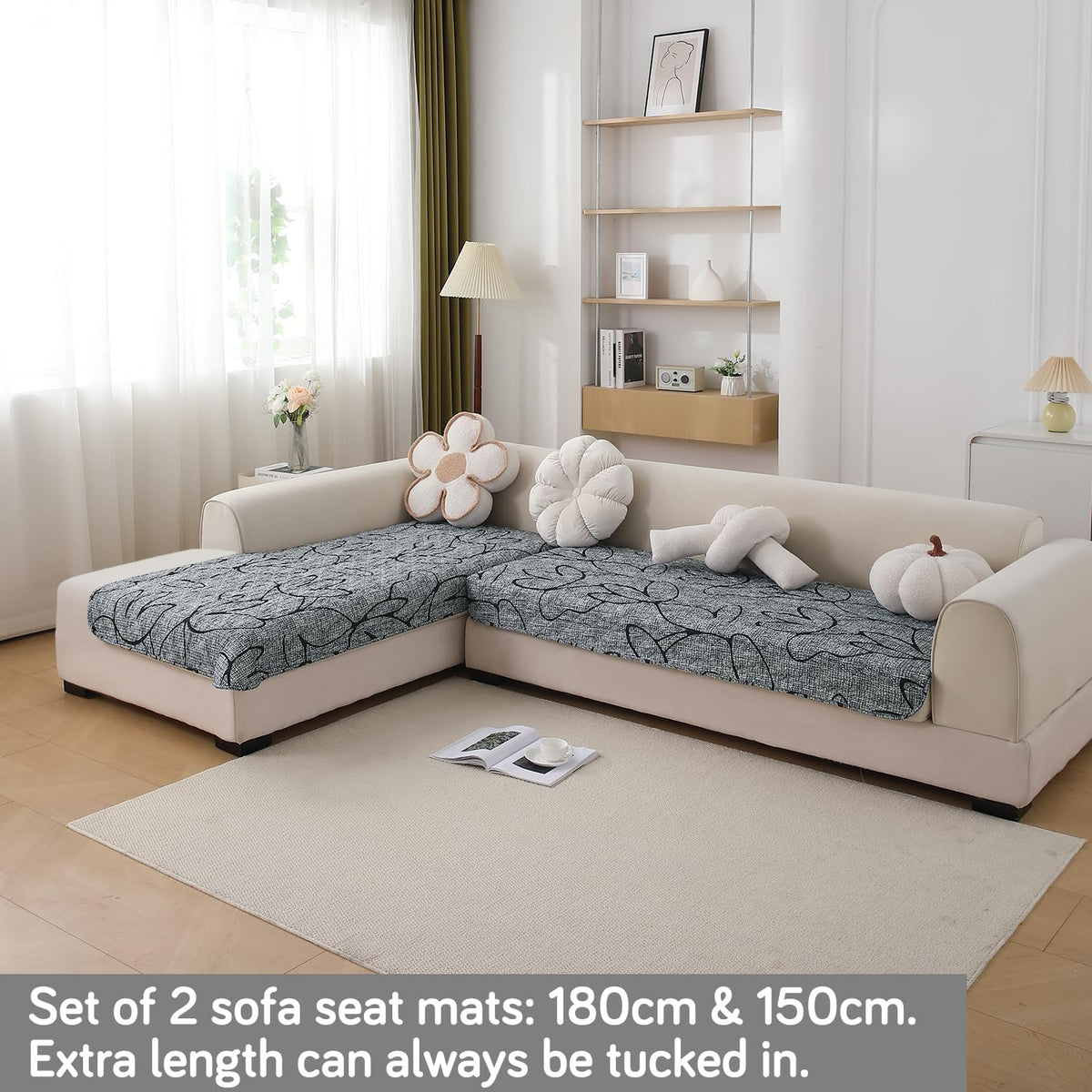 Waterproof Printed Quilted Quick Dry L Shape Sofa Seat Cover Mat, Intense Grey Abstract Floral