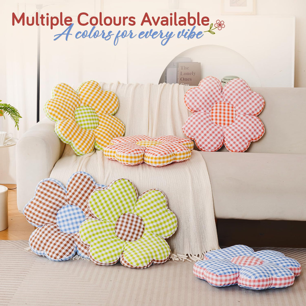HOKIPO Checkered Daisy Flower Cushion for Sofa & Bed, 49 cm, Blue