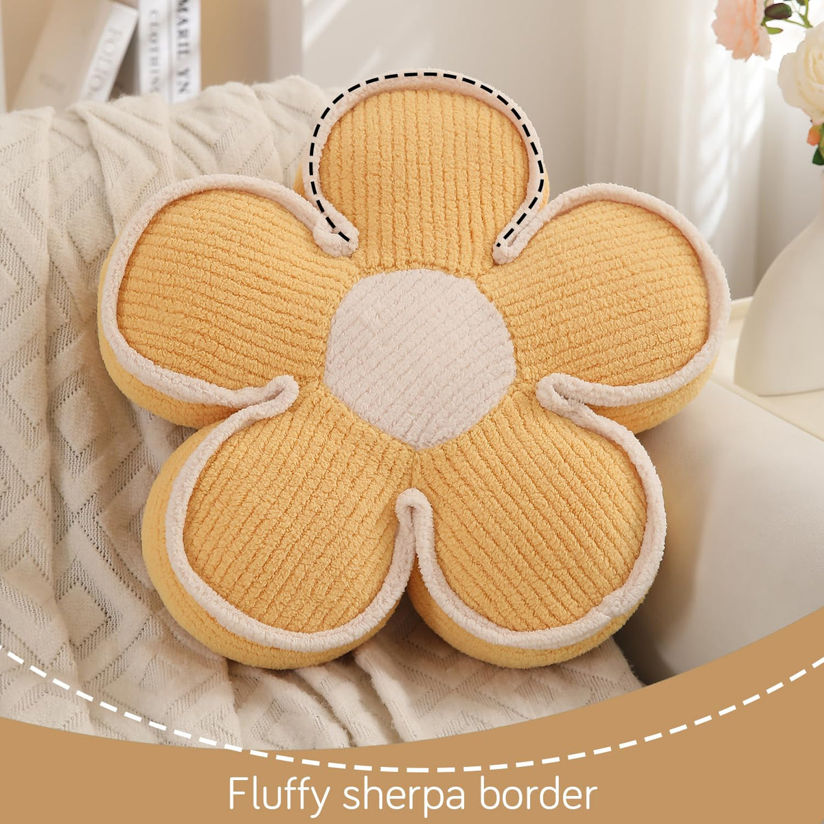 HOKIPO Plush Cotton Flower Cushion | Decorative Throw Pillow for Bed & Sofa - Daffodil Yellow