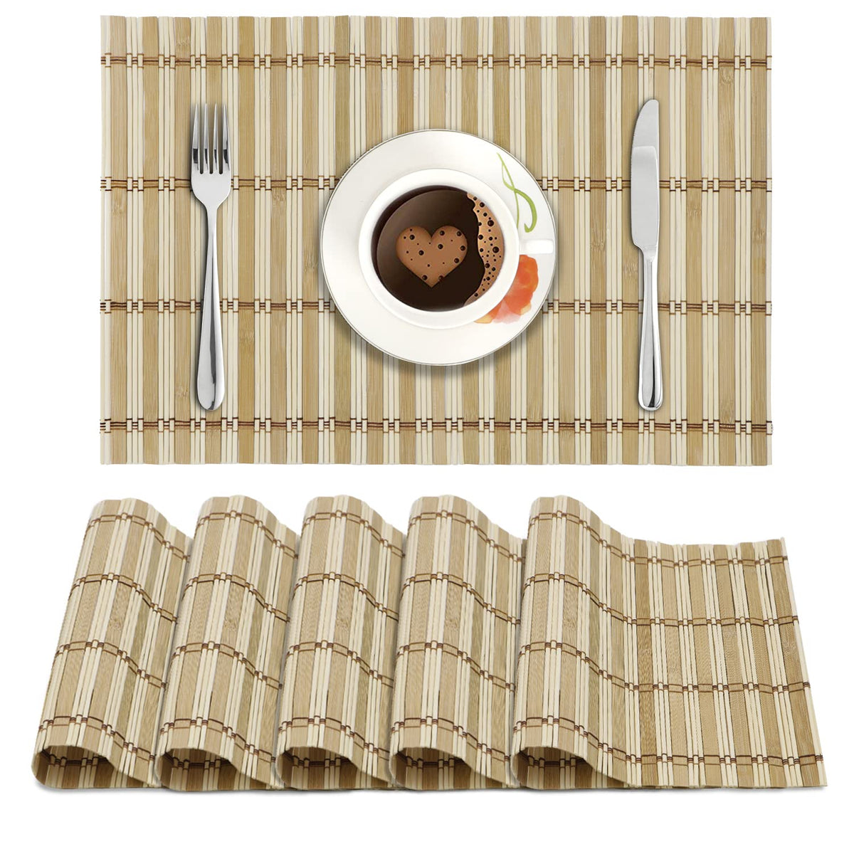 Reversible Bamboo Placemats Set of 6 Table Mats, 45x30 cm, Beige Stripes
