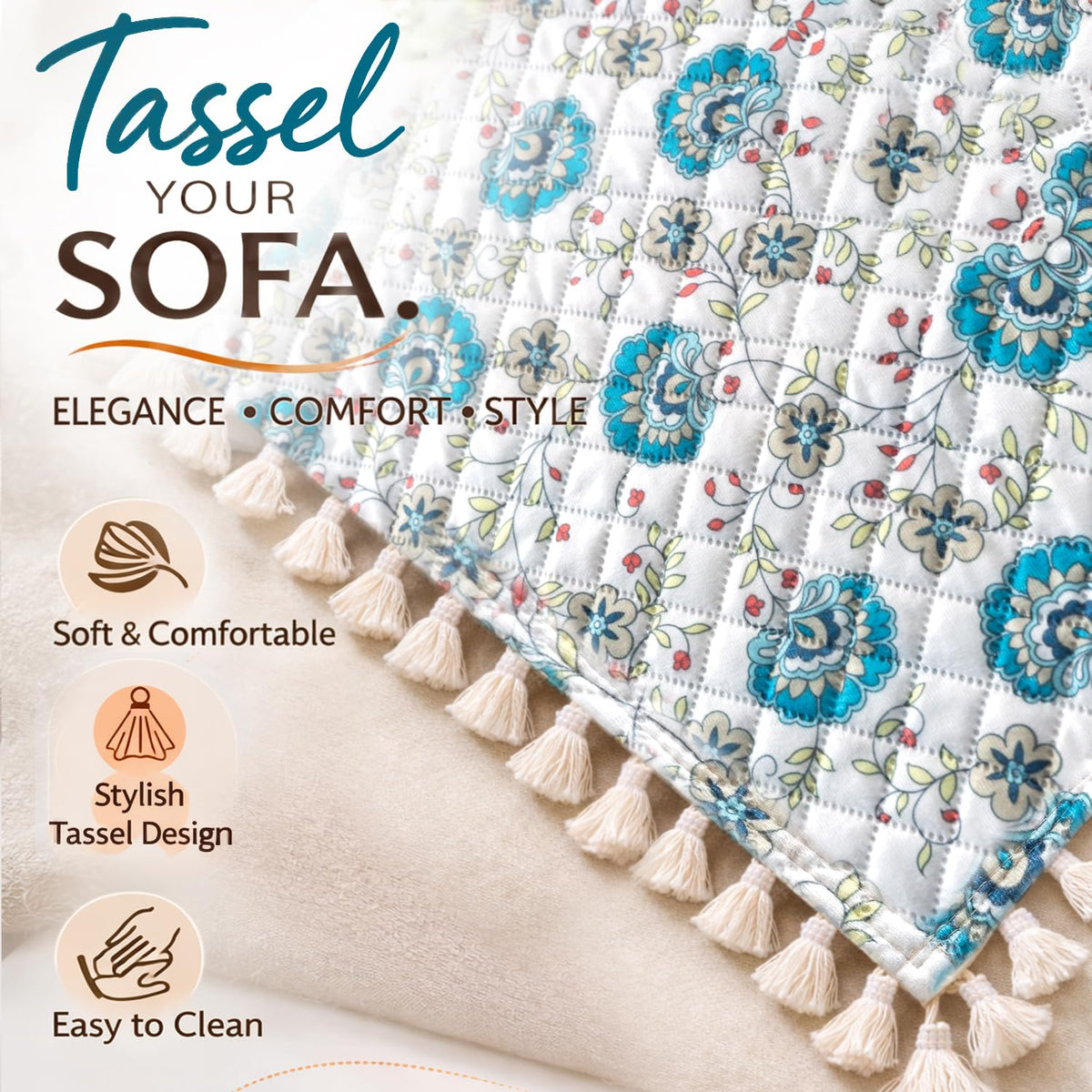 Quilted Sofa Cover 5-Seater Sofa Cover (3+1+1), Tassel Twigs | Cerulean Bloom
