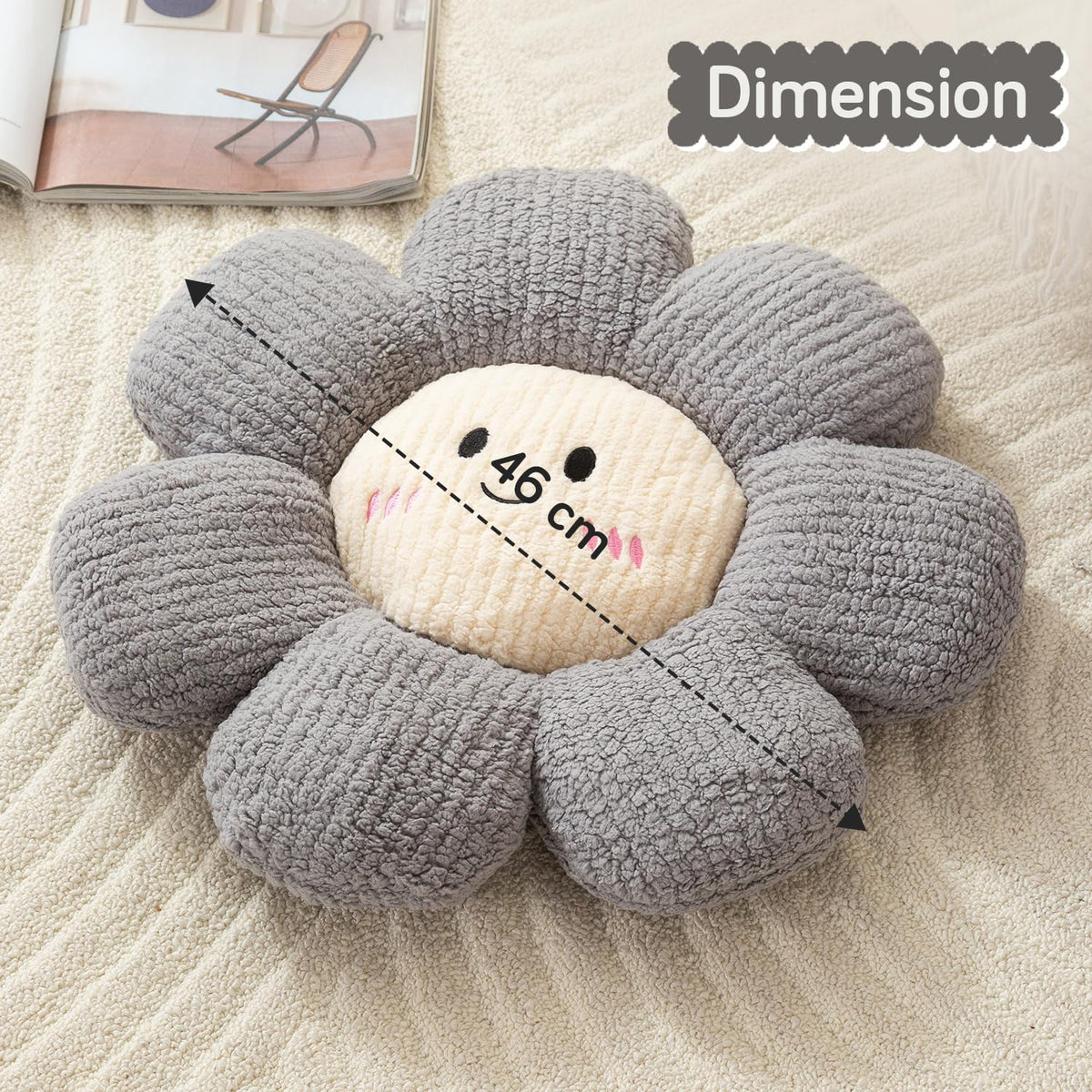 HOKIPO Smiley Daisy Flower Throw Pillow | Soft Plush Floral Cushion for Sofa, Couch & Bed | Cute Pillow for Kids Room & Home Décor - 46 cm, Pebble Grey (AR-6729-GRY)